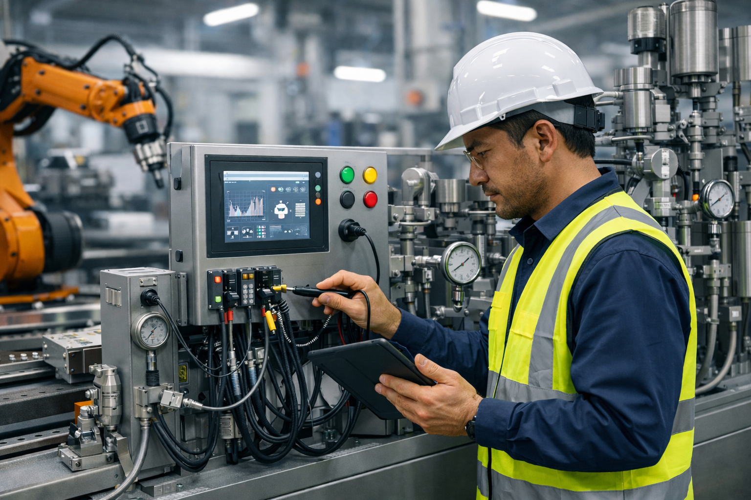 Teknisi melakukan pengecekan sistem 
                            kontrol dan otomasi industri di panel listrik pabrik